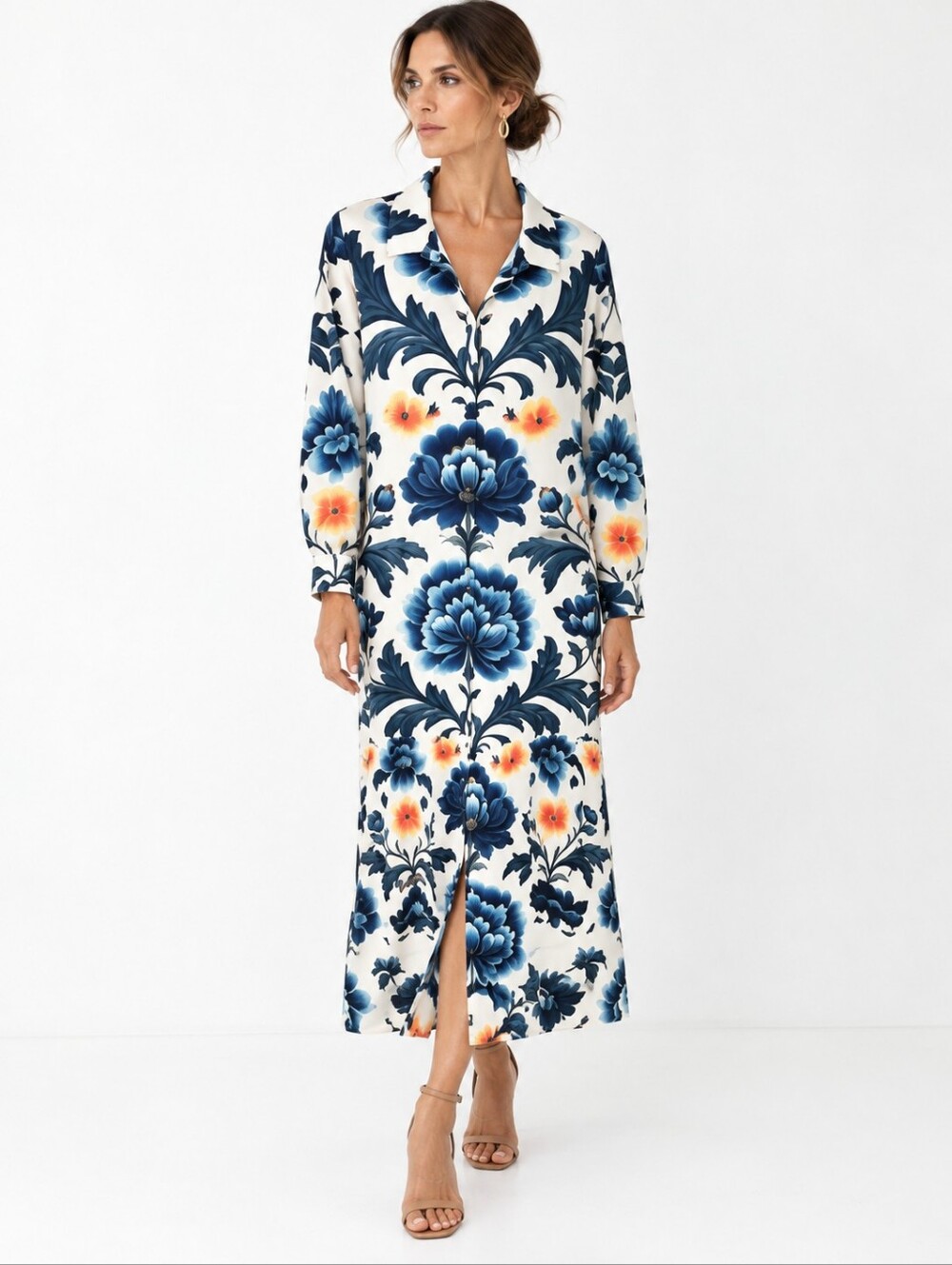 Floral Maxi Dress with Blue and Orange Flowers